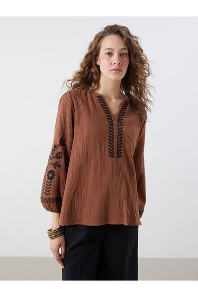 LC Waikiki New Season High Collar Embroidered Oversize Women's Blouse - S5L376Z8