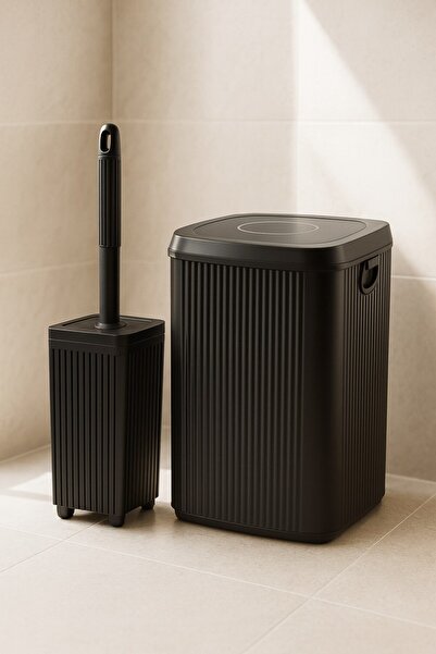 Sas Haus Lines Series Black 2-Piece Bathroom Set, Acrylic Square 5 Liter Trash Can, Toilet Brush Set 3460