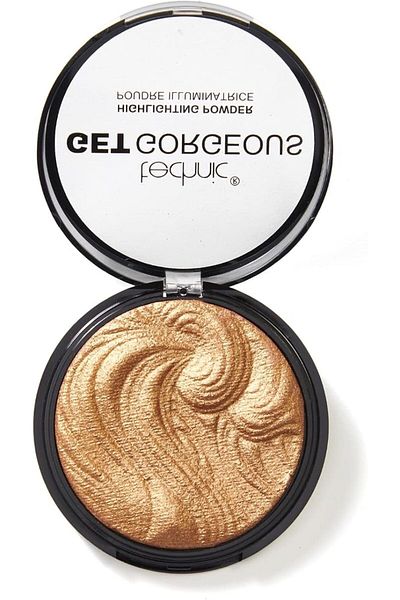 TECHNIC Jet Gorgeous Highlighter Powder - Pressed shimmery face makeup for a golden glow. Color: 24CT Gold