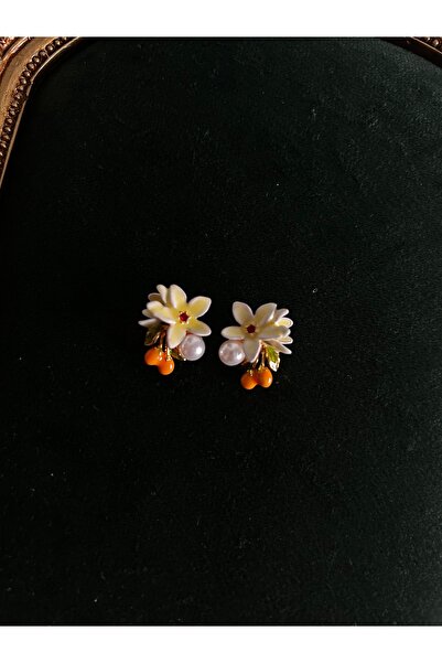 Vadısh store Sarı İnci Detaylı Mineli Çicek Tasarımlı Küpe