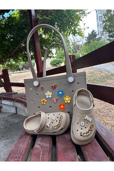 Madam Kifi 3-Piece Croslite Plastic Beach Bag Including Slippers and Charm Decorations Mink