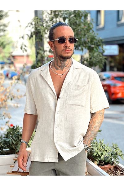 manch collection Single Pocket Short Sleeve Oversize Linen Shirt Cream