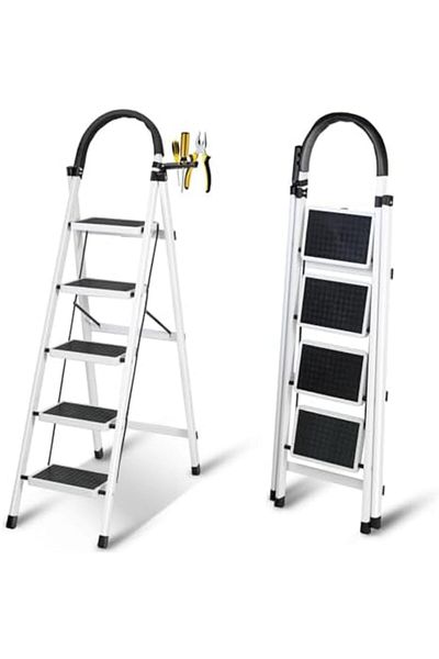 SKY TOUCH SKY-TOUCH Foldable 5-Step Ladder, Folding Step Stool With Wide Anti-Slip Pedal, Sturdy Steel Ladder