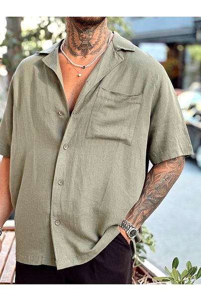 manch collection Single Pocket Short Sleeve Oversize Linen Shirt Green