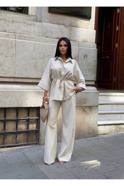 manana fashion SET DE DUBLĂ CĂMĂȘĂ PANTALONI CU DETALII DE LEGATĂ MÂNĂ DE LEMN