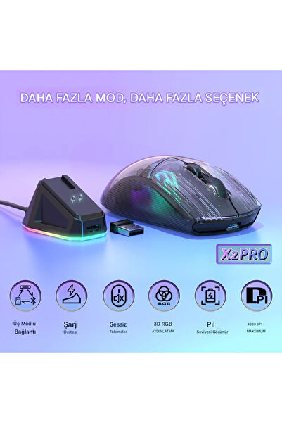 EverBox Attack Shark X2 Pro Siyah Şeffaf Kablosuz Şarj İstasyonlu 3 Bağlantı Modu RGB Mouse 4000 DPI