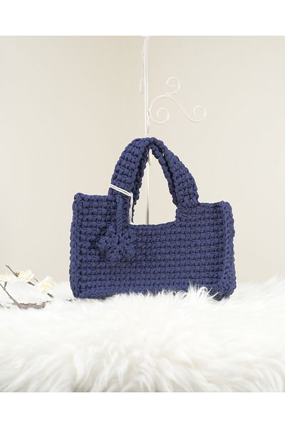 Randsac Navy Blue Crochet Handbag with Flower Detailing on Handle