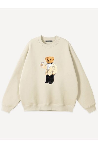 Mad&Calf Unisex Business Teddy Printed Crew Neck Oversize Sweatshirt