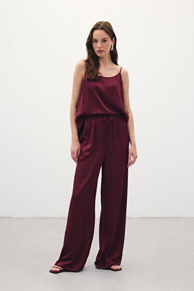 Sateen Bağcıklı Salaş Pantolon - Bordo