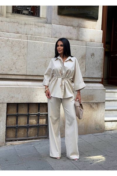 manana fashion SET DE DUBLĂ CĂMĂȘĂ PANTALONI CU DETALII DE LEGATĂ MÂNĂ DE LEMN