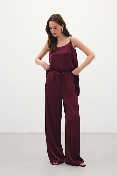 Sateen Lace-Up Casual Trousers - Claret Red