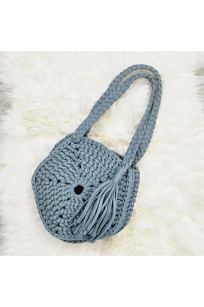 Randsac Dusty Teal Round Crochet Bag with Braided Straps and Tassel