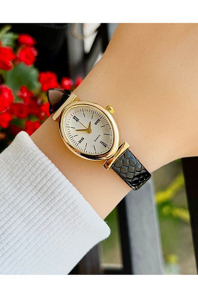 Weluxa Gold Color Case Crocodile Pattern Leather Band Vintage Women Wrist Watch