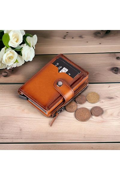 PLM Rhodes Genuine Leather, Handmade, Pop-Up Card Holder Wallet, Shaded Tan