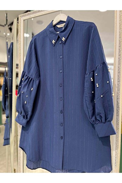 MERAM BUTİK Tri̇pen Tunic with Bead Detail 3107 - Navy Blue - 4