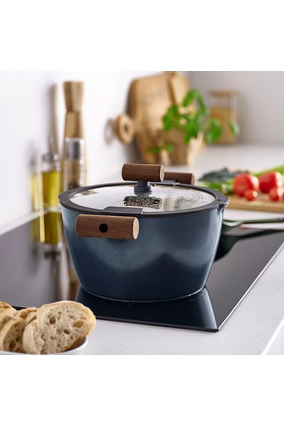 IKEA KLIPPFISK Pot with Lid, Non-stick Glass/Wood Black-Blue, 5L