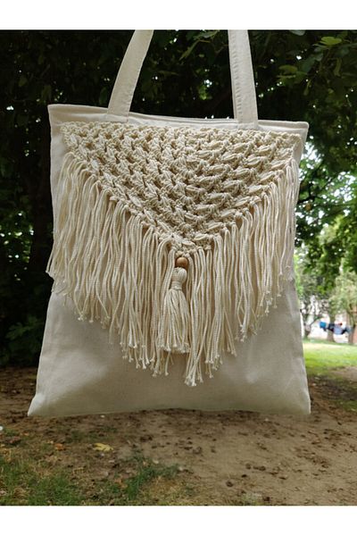 zümal tekstil tasarım Linen Fabric Macrame Knitted Shoulder & Beach Bag (Color Beige)