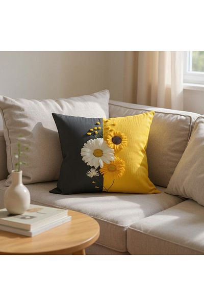 GMhome Sunflower and Daisy Throw Pillow Cover 43X43 cm – Yellow Gray Digital Printed Raschel Fabric