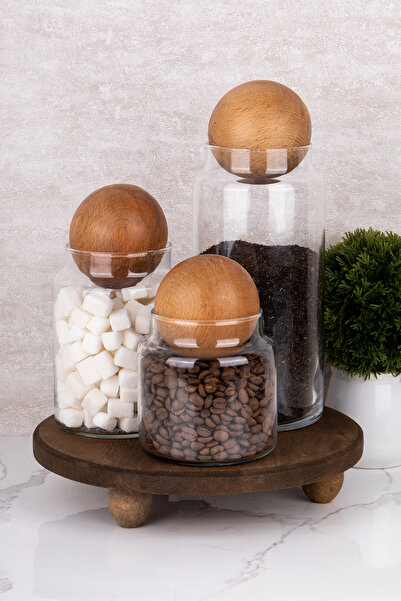 dnshome 3 Boy Cam Kavanoz Seti Top Kapaklı Doğal Mini Ahşap Stantlı Saklama K...