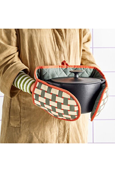 IKEA RINNIG Oven Mitt, Beige/Light Grey-Green/Brown-Red Pattern