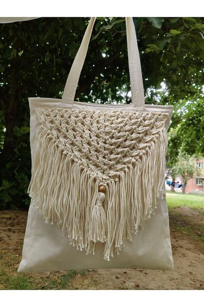 zümal tekstil tasarım Linen Fabric Macrame Knitted Shoulder & Beach Bag (Color Beige)
