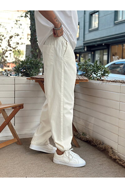 manch collection Paçası Ayarlanabilir Gabardin Pantolon Krem