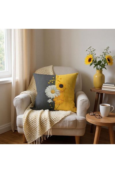 GMhome Sunflower and Daisy Throw Pillow Cover 43X43 cm – Yellow Gray Digital Printed Raschel Fabric