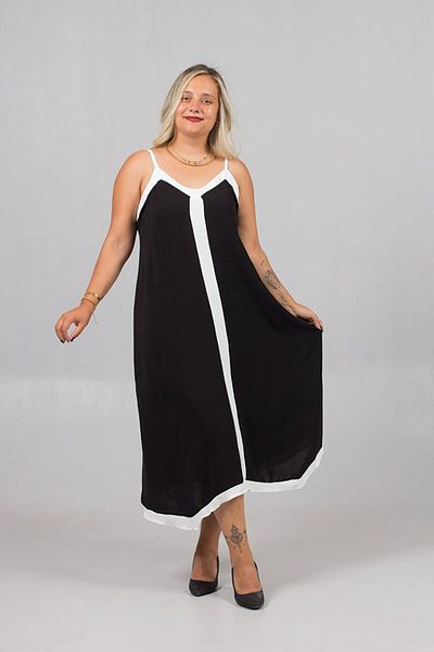 Truva XXL Plus Size Black and White Striped Crepe Dress with Adjustable Straps