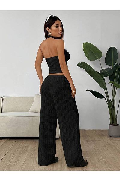 LEONE KOLEKSİYON Stylish Halter Neckline Top and Wide Leg Pants Set - Sleeveless Crop Blousehigh Waist Wide Leg Pants, Bubble Fabric