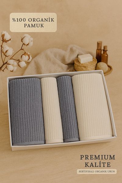 Evimcim Luxury 4 Piece 100% Cotton Turkish Bath Towel Set Blue Cream 2 Bath 2 Head Towels