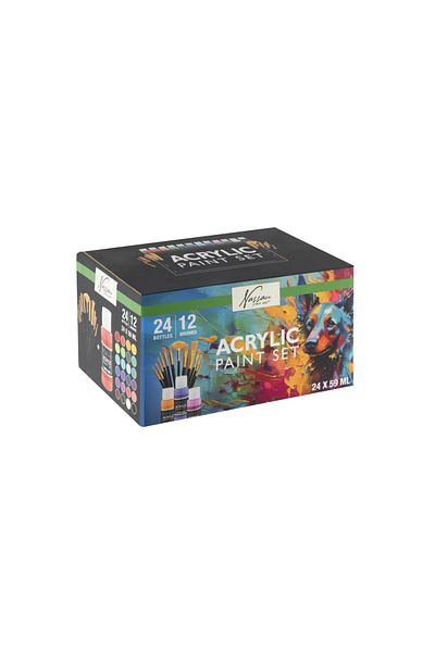Nassau fine art Set Pictură – 24 Culori Acrilice (24 x 59 ml) + 12 Pensule – Ideal pentru Artiști Pasionați și Hobby