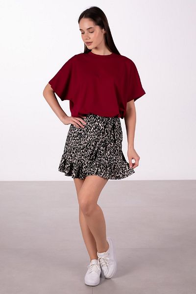 OIL PARK Leopard Patterned Side Ruffle Lycra Wrap Mini Skirt with Elastic Waist and Tie Detail