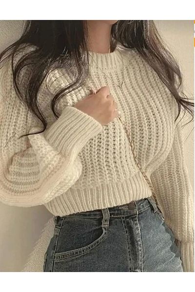 FLEX FASHION Krop Loose Fit Balloon Sleeve Crew Neck Ecru Sweater