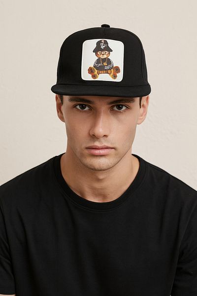 CosmoOutlet Men's Cute Teddy Bear Illustrated Adjustable Hip Hop Model Black Hat