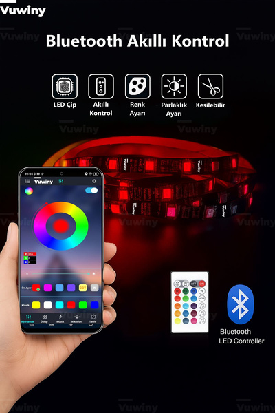 Vuwiny Mobil Uygulamalı Sese Duyarlı RGB Akıllı USB Siyah Silikon Kaplamalı Led Şerit (5V - 5 Metre)