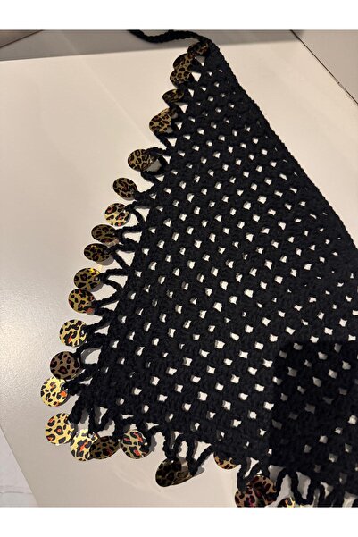 El örgüsü Leopard Detailed Black Bandana Hand Knitted 48X20