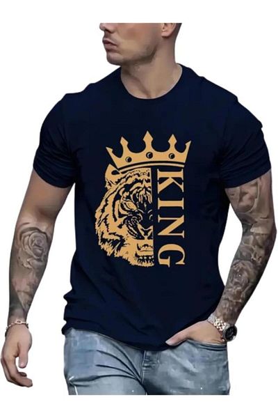 CRTX Men's T-shirt, hand-customized with "KING LION" logo, 100% cotton, gold