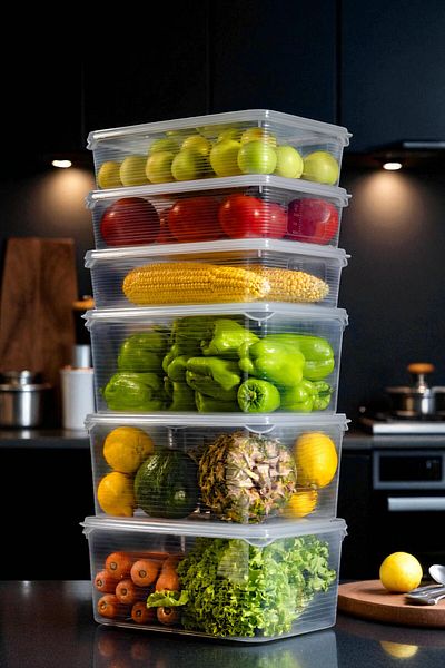 Ecolux 3 Pieces 6Lt + 3 Pieces 3.5Lt Mega Vacuum Leakproof Crisper Storage Container Set - Refrigerator Organizer