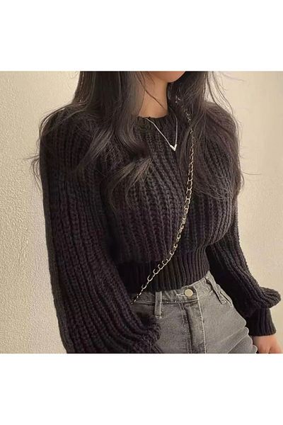 FLEX FASHION Crop Loose Fit Balloon Sleeve Crew Neck Black Sweater