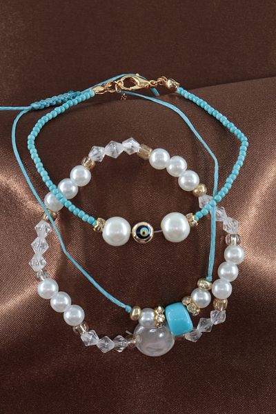 KEEBA 3Pcs Evil Eye Beads Pearl Tassel Elevator Elastic Red Rope Bracelet. Women's Rope Bracelet Anklet