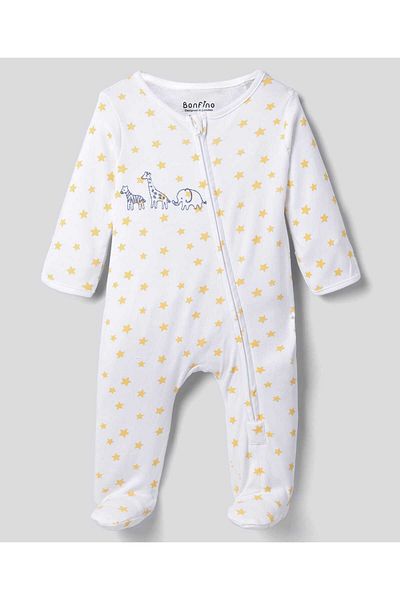Bonfino Stars Printed and Animal Embroidered Sleepsuit - White