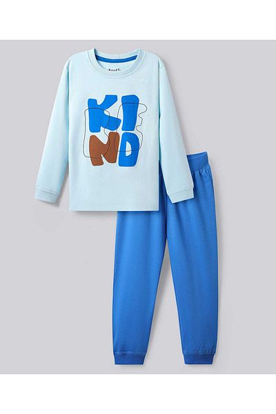 Bonfino بدلة نوم بأكمام كاملة من القطن بنسبة 100% مع طبعة عبارة "Be Kind" - أزرق