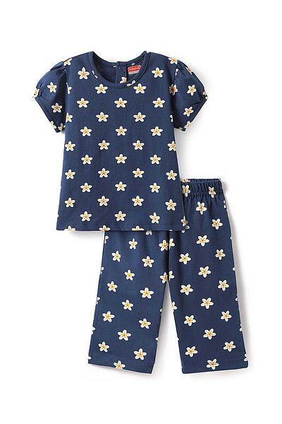 Babyhug Co-ord Capri Night Suit with Star Print - Navy Blue