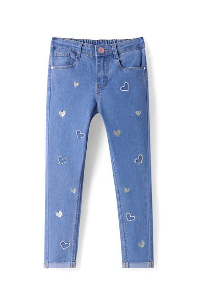 Babyhug Full Length Washed Denim Jeans with Hearts Embroidery & Stretch - Blue