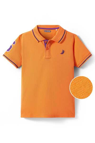 Pine kids Cotton Knit Half Sleeves Polo T-Shirt With Text Print - Orange