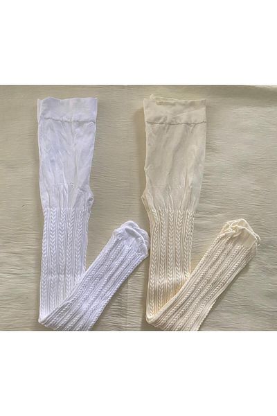 DÜVEN 2-Piece Girls Patterned Pantyhose (80 Den Medium Thick Seasonal Pantyhose) Vanilla & White