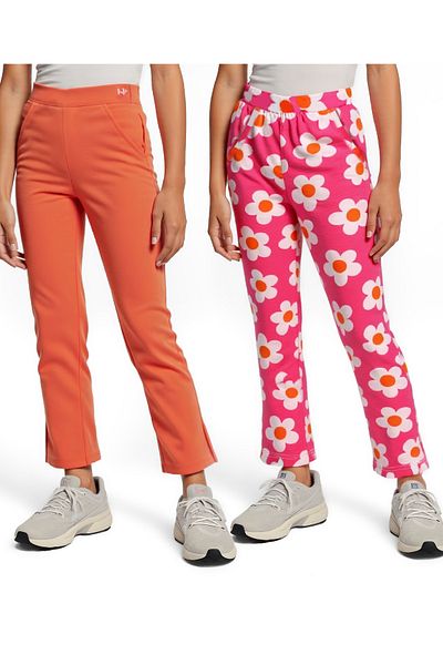 Honeyhap Premium Cotton Elastane Knit Leggings With Floral Print Pack of 2 - Coral Rose & Raspberry