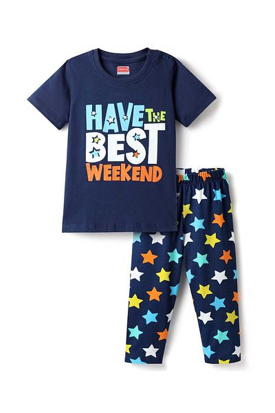 Babyhug Cotton Knit Half Sleeves Night Suit With Text & Star Print - Navy Blue