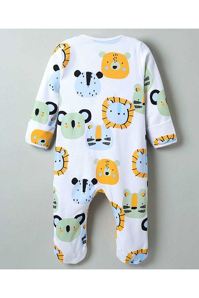Bonfino 100% Cotton Full Sleeves Jungle Animals Printed Footed Sleep Suit - White