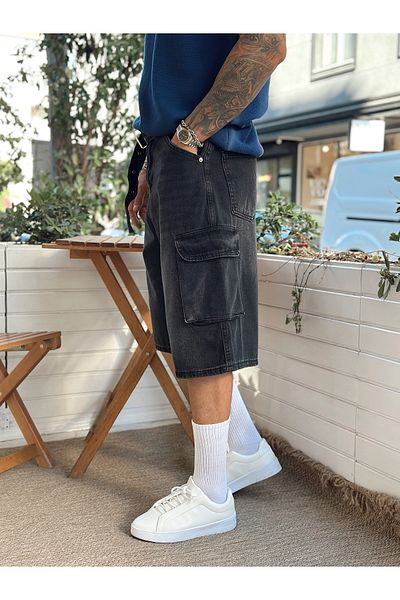 manch collection Cargo Pocket Baggy Fit Denim Shorts Black